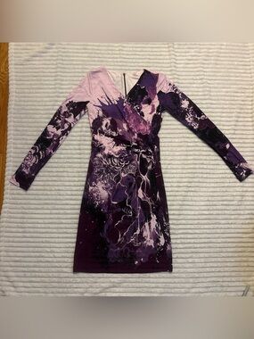 Roberto Cavalli Purple & Lavender Floral Long-Sleeve Wrap Dress